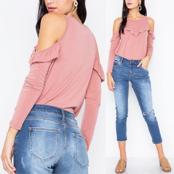 Mauve Pink Pretty Ruffle Soft Cold Shoulder Top - Picture 7 of 8